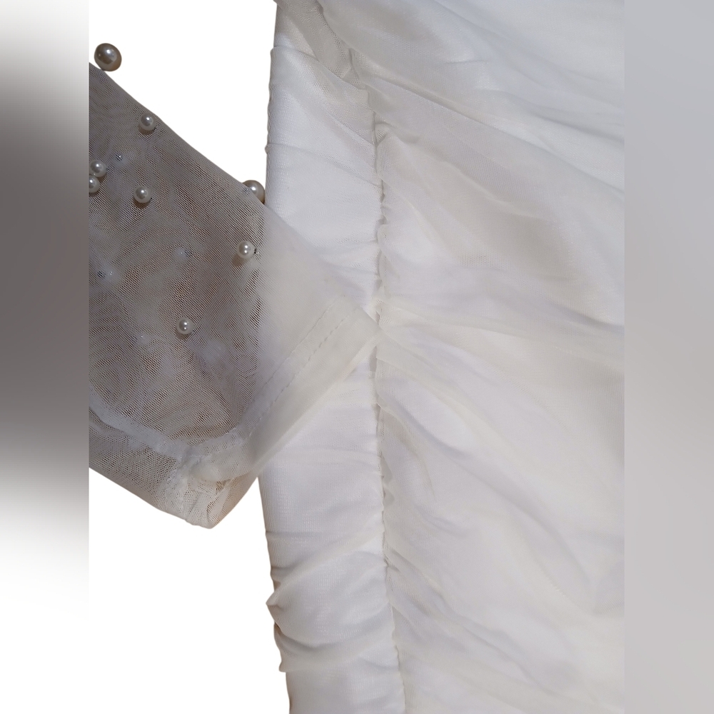 NWT Sheer Shoulders & Sleeves W Scattered Pearls White Mini Dress 3X - Picture 7 of 10